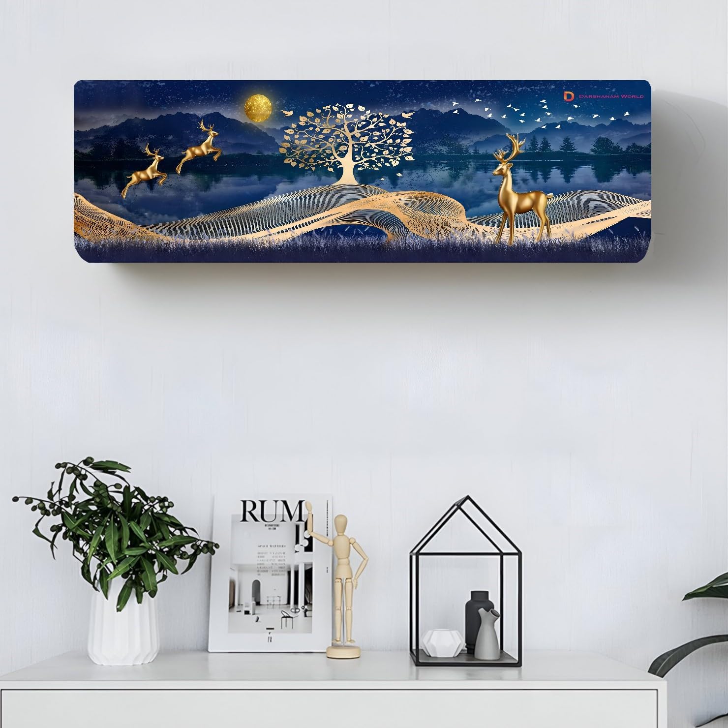 DARSHANAM WORLD Printed Air Conditioning Dust Cover Folding Designer Ac Cover for Indoor Split Ac 1.5 ton (97 x 31 x 21 .5 cm) (GOLD DEER)