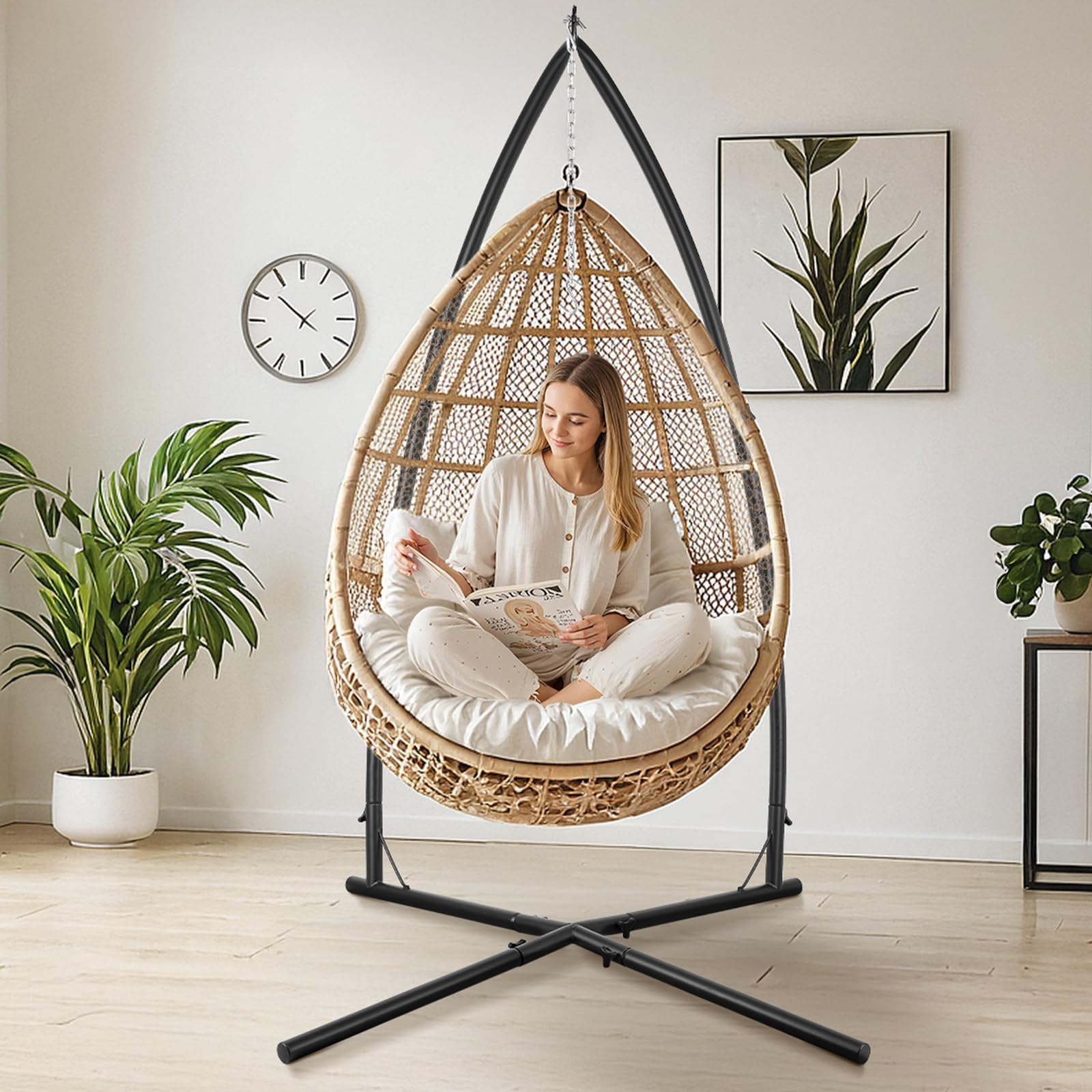 LIFERUN Struttura per poltrona sospesa nera, robusta struttura in metallo, design a X, supporto mobile per poltrona sospesa e altalena sospesa in giardino, balcone e soggiorno, portata fino a 150 kg