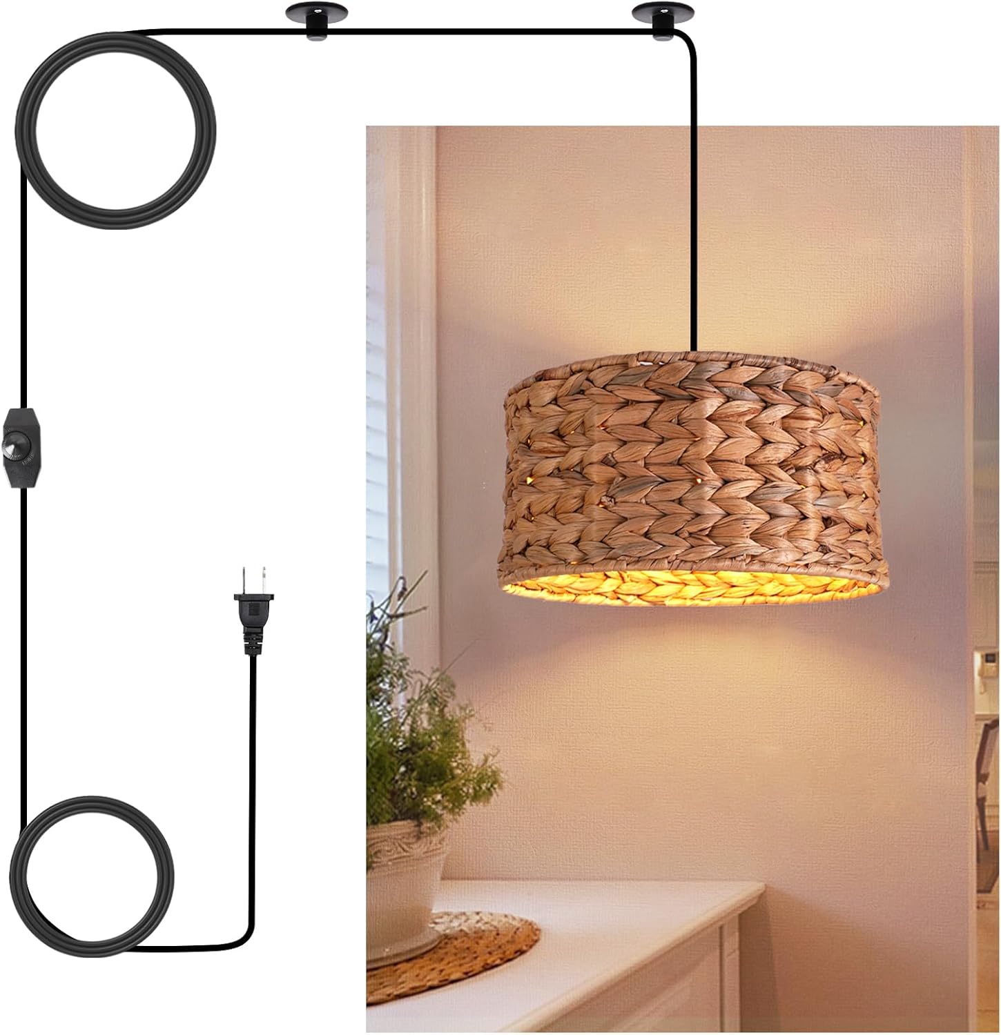 Plug in Pendant Light, 11.8" Boho Rattan Hanging Lights with On/Off Switch & Handmade Woven, Farmhouse Wicker Drum Pendant Light for Kitchen Island Dining Room Bedroom Hallway Foyer