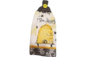 Handcrafted Grey Crochet Topped Bee Happy Kitchen Towel