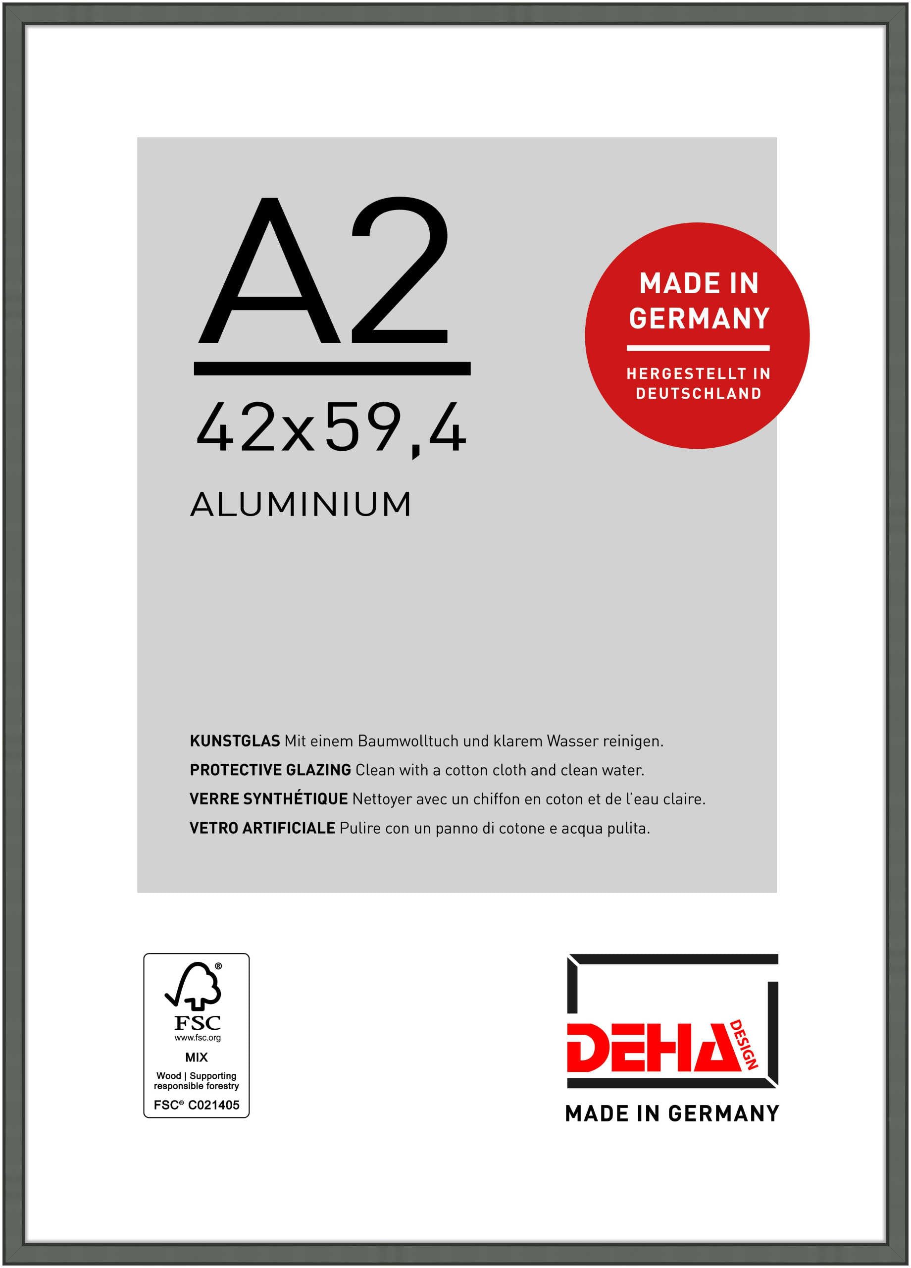 Deha Design Contrast Grey Boston Aluminium Picture Frame - A2 (42X59.4 Cm) – Grey - With Synthetic Glass And Push/Turn Clips