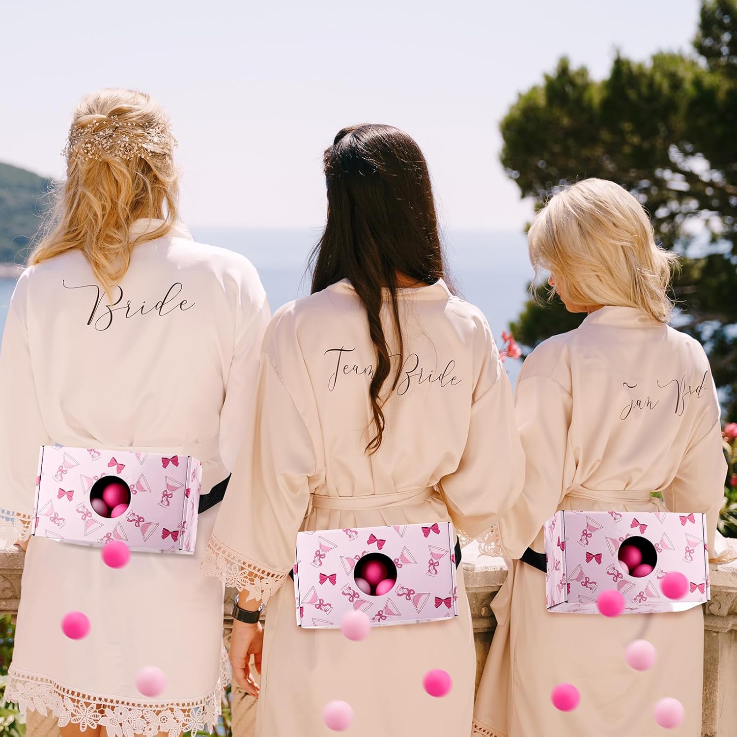 Yaomiao 4 Pack Bachelorette Party Shaking Swing Balls Game Set Includes 4 Set Strap Shake Box and 80 Balls for Birthday Bachelorette Bridal Shower Table Tennis Game(Pink Bow,Pink)