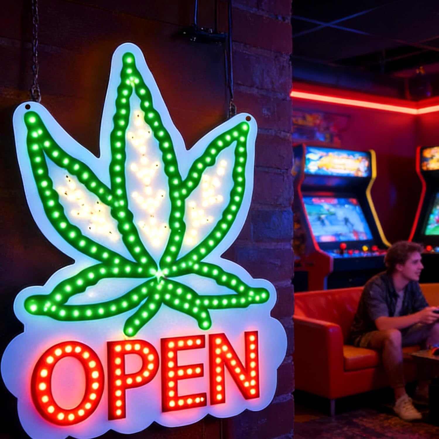 Weed Open Neon Sign for Business – USB Powered LED Cannabis Leaf OPEN Sign with Dimmable Switch, Acrylic Wall Light for 420 Friendly Bar, Smoke Shop, Game Room, Party Decor