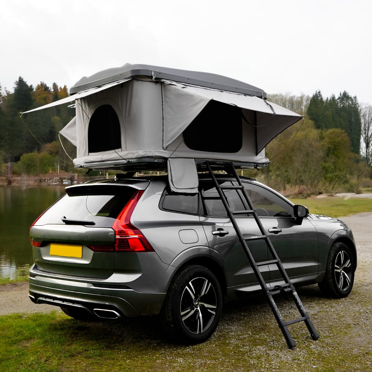 Tenda da Tetto per Auto 2-3 Posti con Apertura Idraulica Assistita, Tessuto Impermeabile 3000mm, Materasso 5,5cm, Scala Telescopica e Torcia Solare Inclusa
