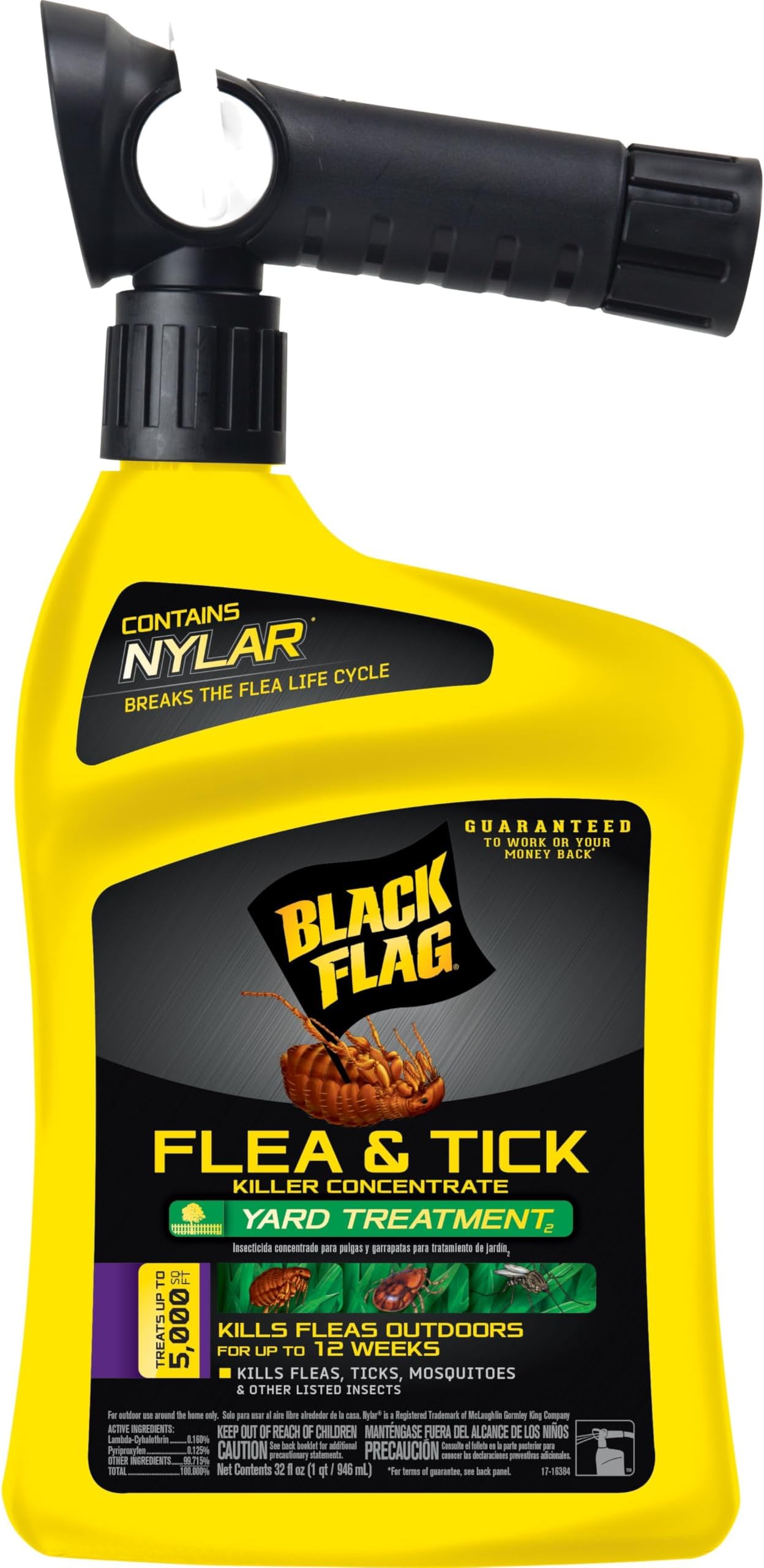 Black Flag Flea and Tick Killer Concentrate Yard Treatment, 32 Ounces, Ready To Spray, Quickflip Hose End Sprayer