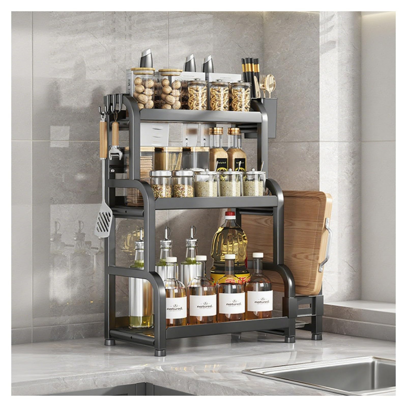 HADECOLL Tall Countertop Spice Rack Organizer, Carbon Steel Construction With Railing Design, For Cabinet Bathroom Pantry,Black-3 Tier-40cm
