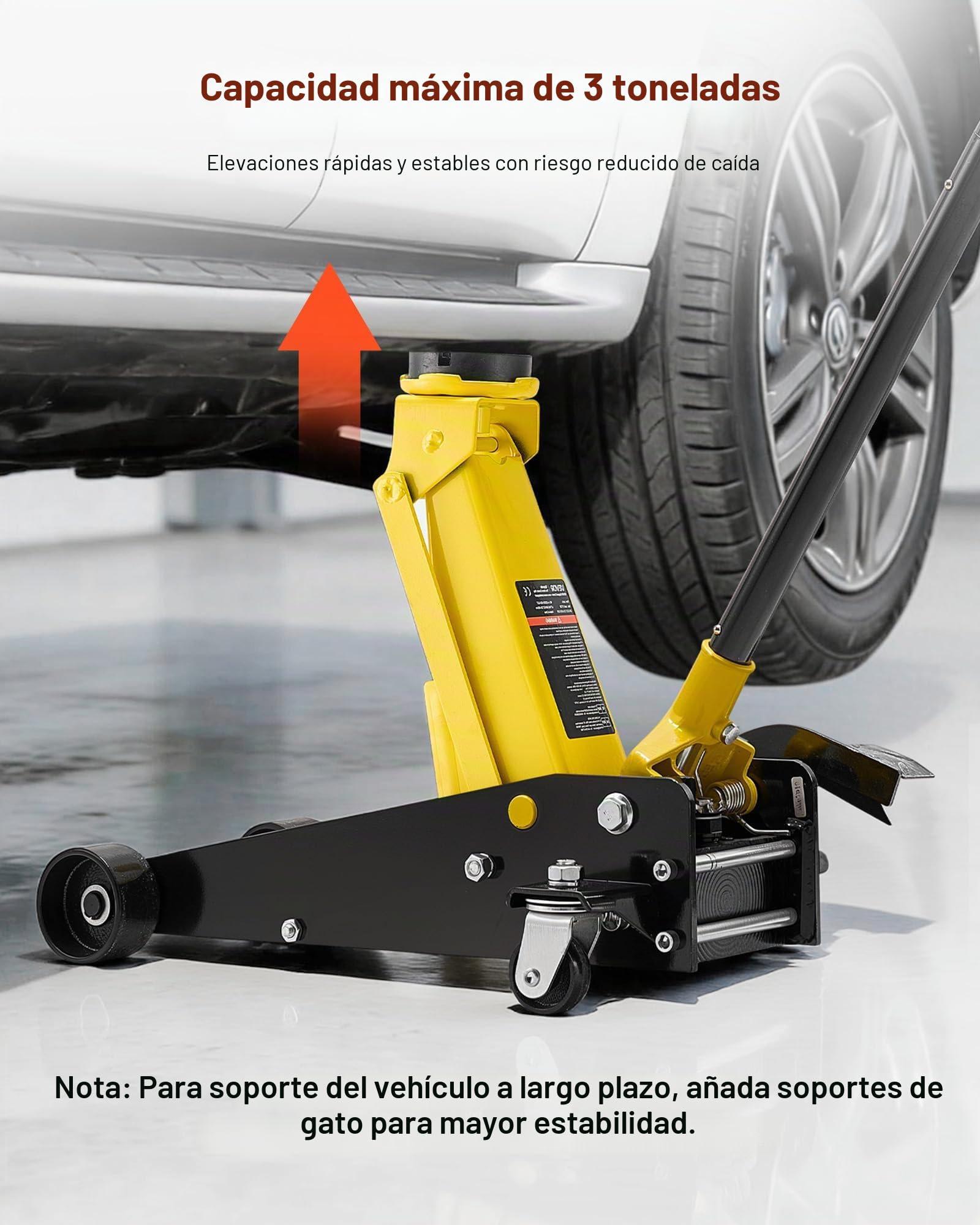 VEVOR Gato de Perfil Bajo Capacidad de 3 t, Gato Hidráulico de Acero con Bomba de Elevación Rápida de Un Solo Pistón, Rango de Elevación 130-500 mm, para Vehículos, SUV, Camionetas, Automóviles