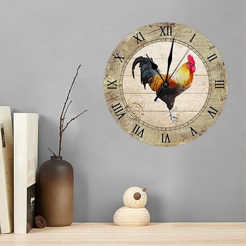 Miniatura 7 de Reloj de pared moderno, silencioso sin tictac, funciona con pilas, estilo granero, pollo, gallo francés, retro, de madera, redondo, fácil de leer