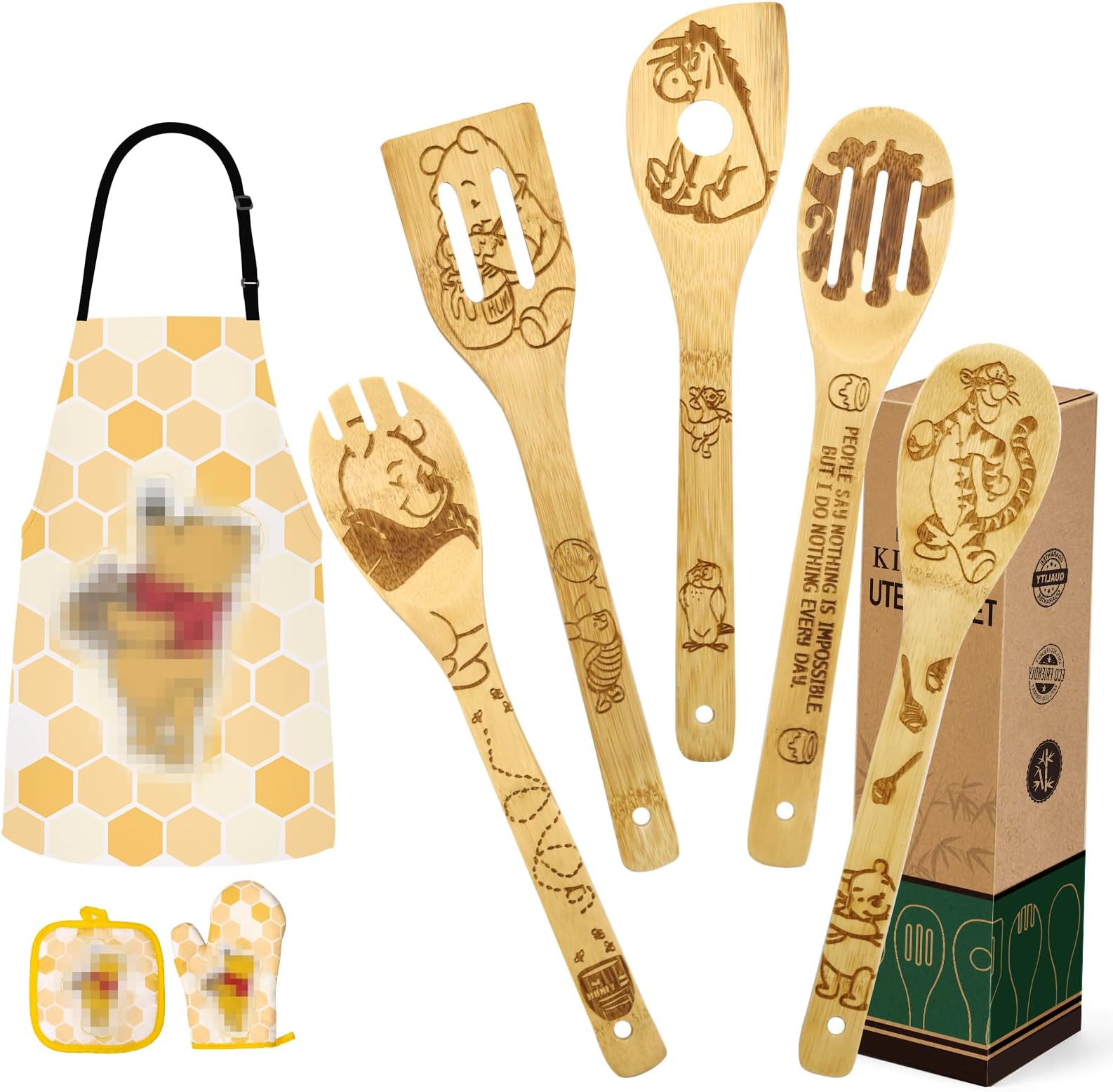 JewelvwatchroMothers Day Gifts for Mom Women Cute Bear Wooden Cooking Spoons Set Bamboo Kitchen Cooking Utensils Set with Apron Oven Mitt Potholder Set Christmas Birthday Gift
