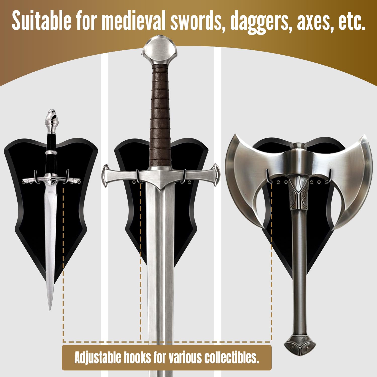 Supporto verticale da parete per spada medievale, in legno, per esporre spade e pugnali, per esporre armi da parete (1 pezzo medio)