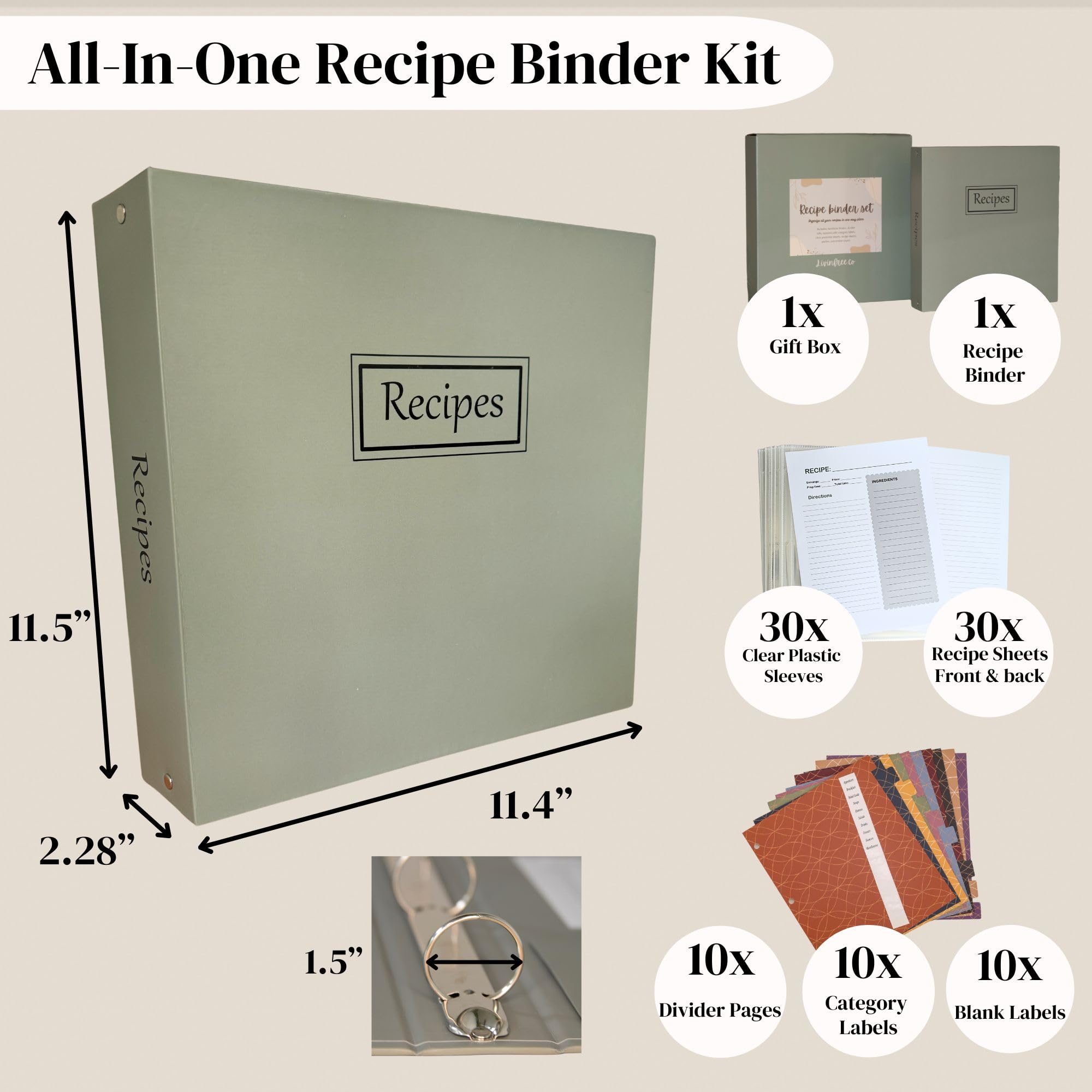Raccoglitore per ricette con buste in plastica, divisori, libro di ricette verde salvia per scrivere le proprie ricette, raccoglitore per ricette 8,5 x 11 cm, 3 anelli, kit raccoglitore per ricette