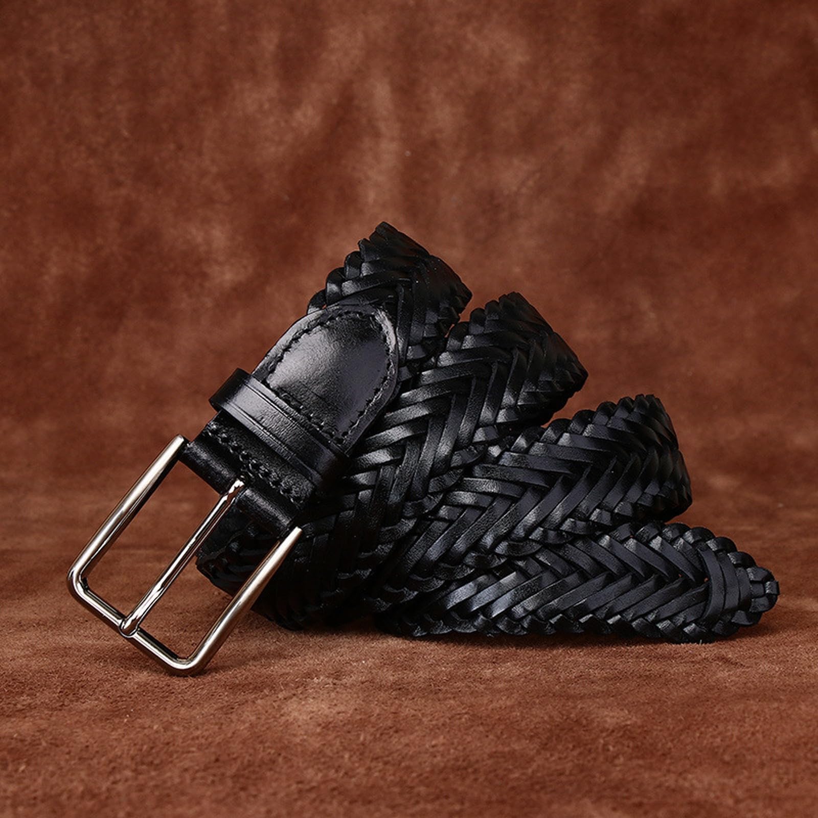 Genérico Mujer Cinturón Trenzado De Piel De Vaca para Jeans, Pantalones Y Vestidos 3,3cm De Ancho Correa Tejida a Mano Cinturones con Hebilla Plateada(115cm/45, Black)