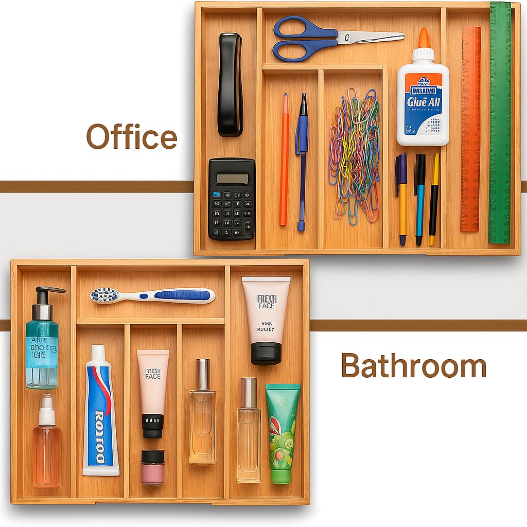 Bambüsi Utensil Drawer Organizer Bamboo Silverware Organizer Expandable Kitchen Drawer Organizer Cutlery Tray with 2 Removable Knife Blocks. By