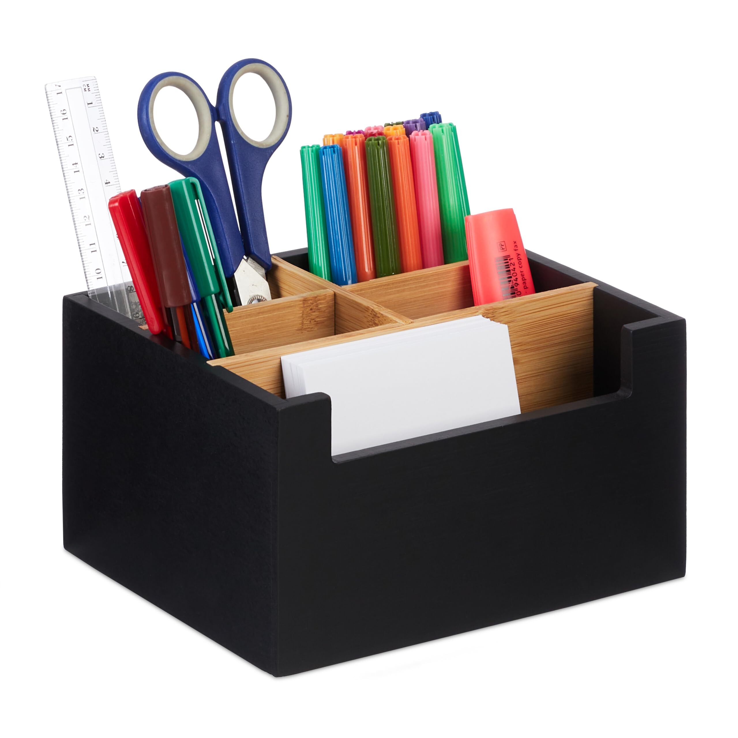 Relaxdays Desk Organiser, Bamboo, 5 Compartments, for Office Supplies & Cosmetics, Pen Holder, 9.5 x 18 x 15 cm, Black