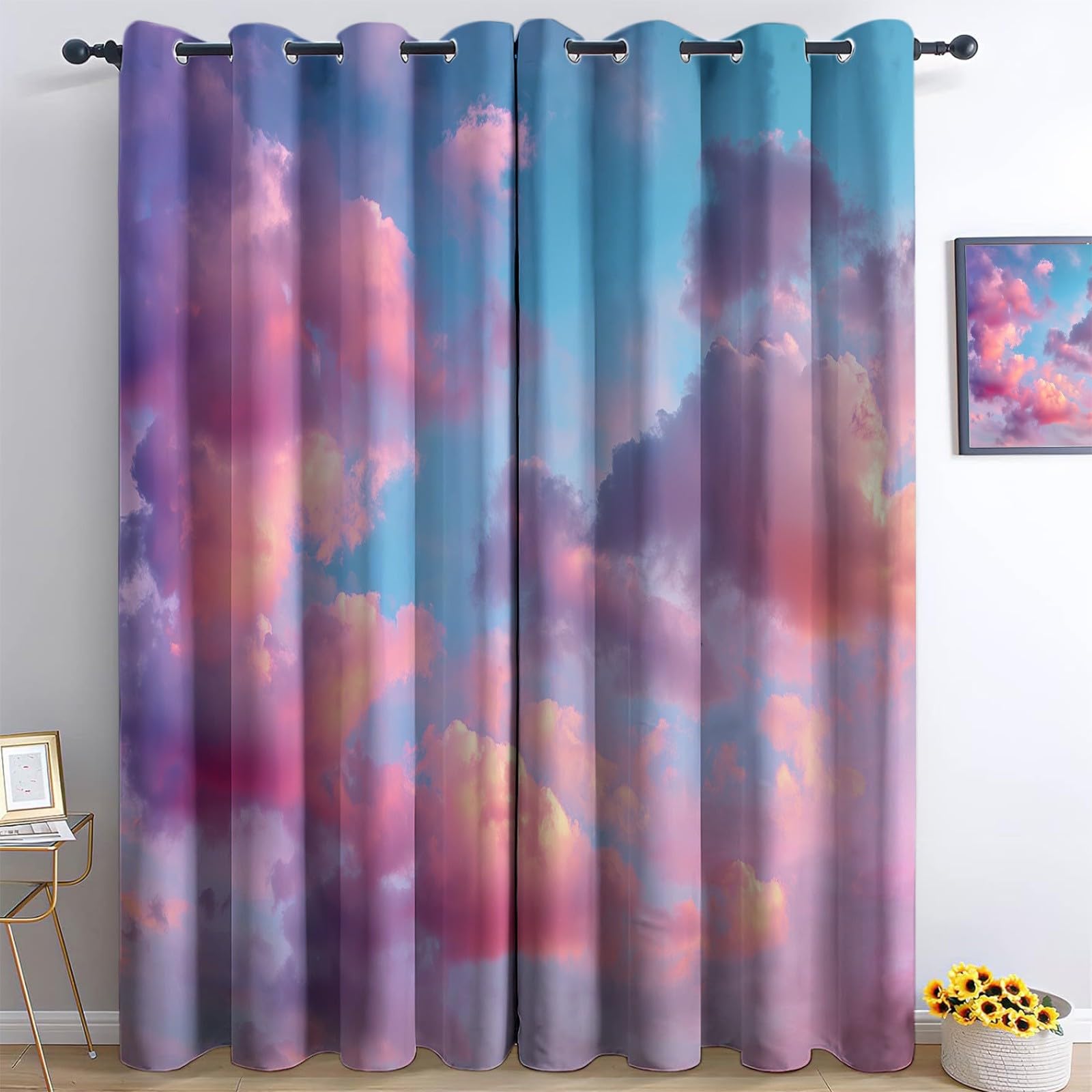 Generisch Verdunklungsvorhänge Retro Wolken Kinderzimmer Vorhänge Blickdicht, Rosa Thermovorhang mit Ösen, für Schlafzimmer Fenster & Balkon Himmel Natur Fantasie - 110 x 215 cm (2er Set)
