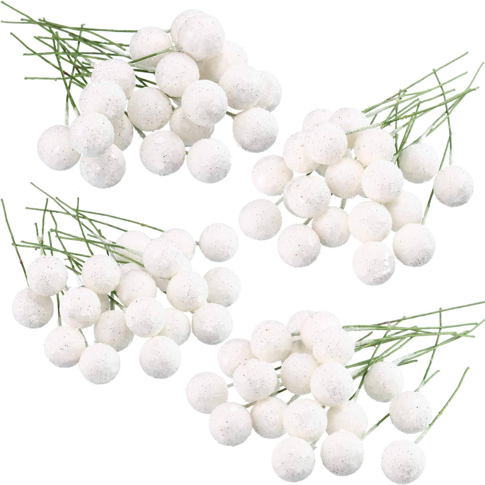 BBTO Artificial Holly Berries, 100 Pieces Mini 10 mm Fake Berries Decor on Wire for Christmas Tree Decorations Flower Wreath DIY Craft Use (Sequined White)