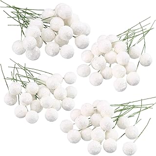 BBTO Artificial Holly Berries, 100 Pieces Mini 10 mm Fake Berries Decor on Wire for Christmas Tree Decorations Flower Wreath DIY Craft Use (Sequined White)