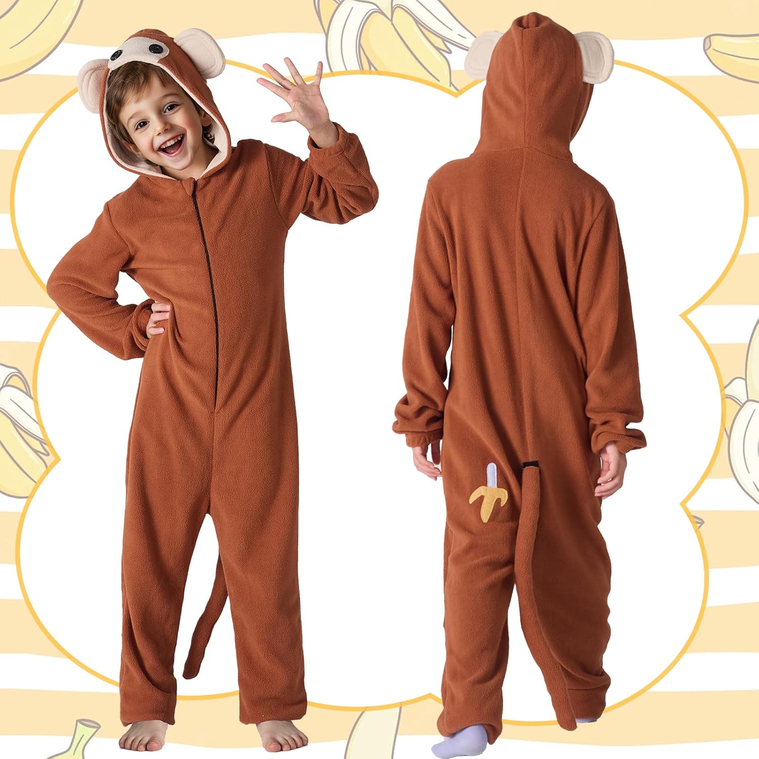 Kids Monkey Onesie Pajamas - Flannel Hooded Animal Jumpsuit Sleepwear for Boys Girls, Halloween Costume & Cosplay - Image 3
