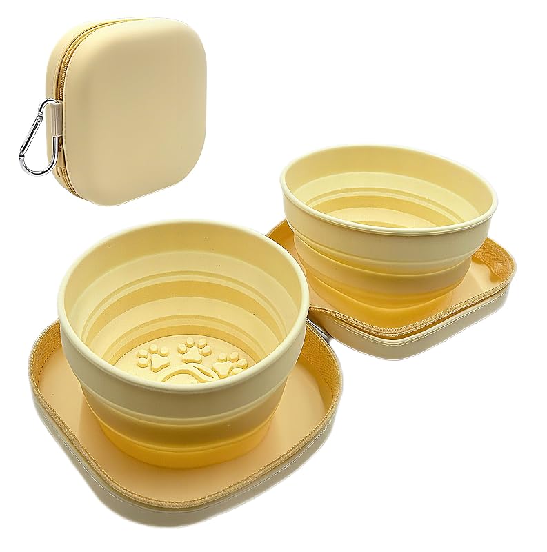 Tigela de Viagem Dobrável 2 em 1 para Cães em Silicone com Mosquetão ZBBORQ Amarela