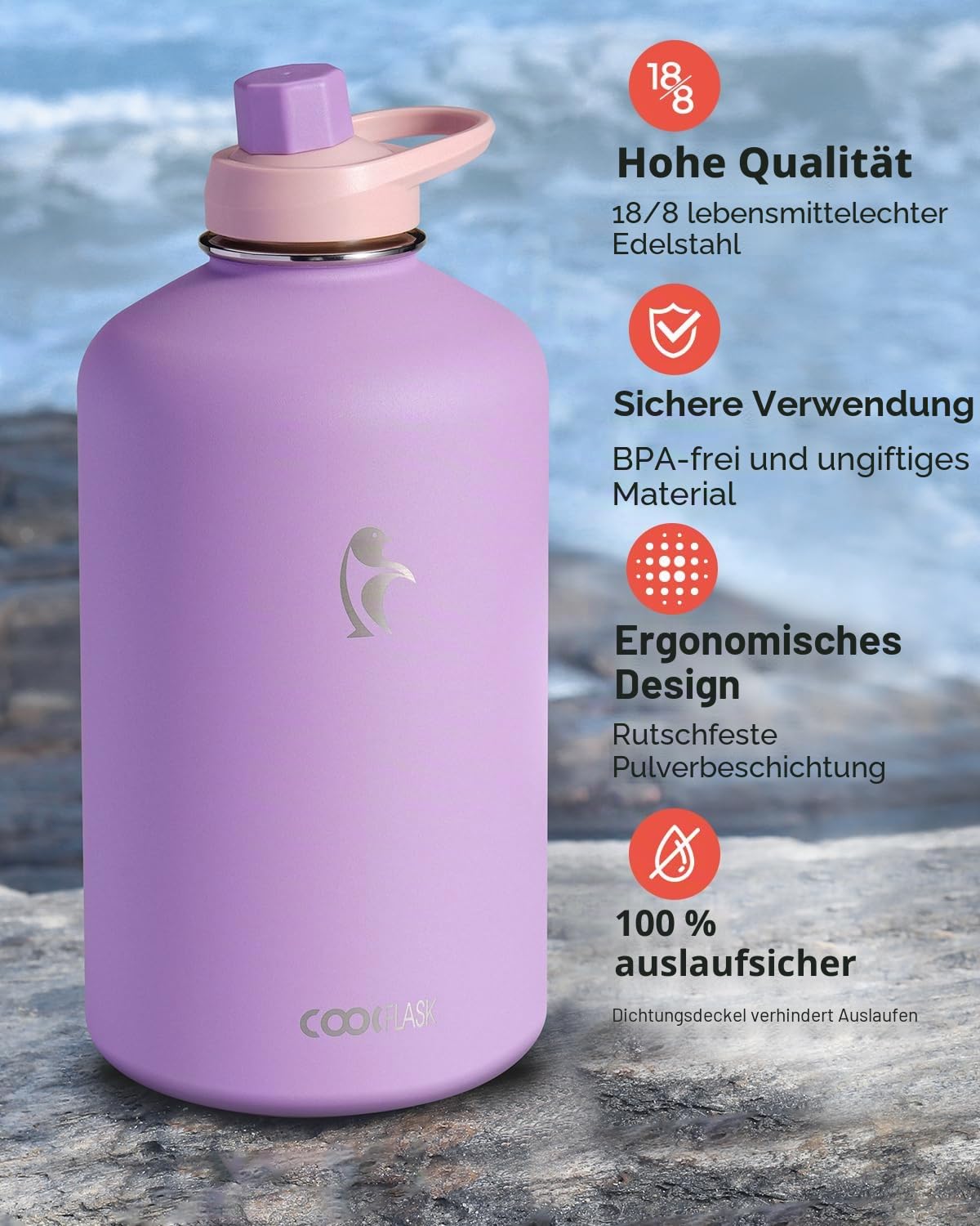 Coolflask Gallonen-Wasserflasche isoliert mit PU-Lederhülle, 3,6 l Wasserflasche, Farbkontrast mit Strohhalm-Deckeln, großer Edelstahl-Krug, hält 48 Stunden heiß 24 Stunden kalt, lila