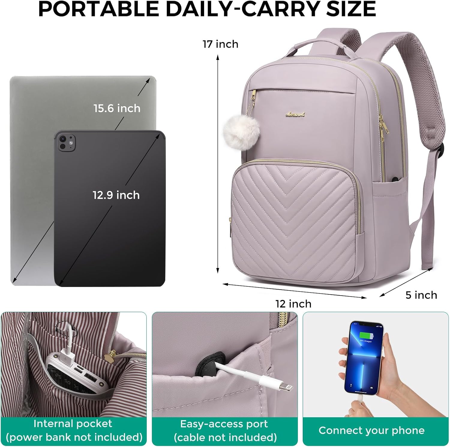 College Backpack School Bookbag for Women: 15.6 Inch Laptop Backpacks for Student Large Back Pack Anti Theft Middle High School Bag Travel Daypack Durable Book Bag for Teen Girls Purple image 3