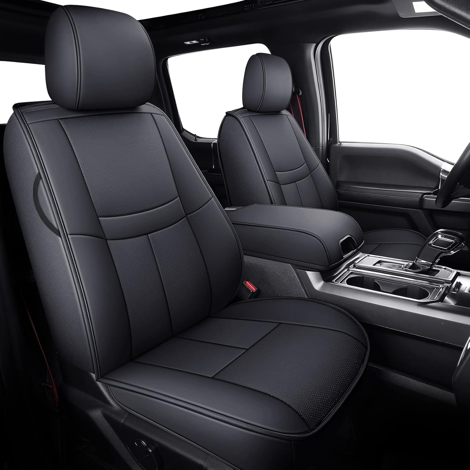 TOMIC Car Seat Covers Complete Set with Waterproof Leather Automotive Vehicle Cushion Cover for Pickup Truck Fit for 2015 to 2024 Ford F150 Carhartt and 2017 to 2024 F250 F350 F450 (Black)