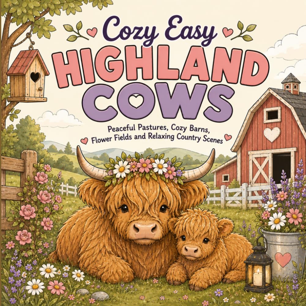 Cozy Easy Highland Cows: Peaceful Pastures, Cozy Barns, Country Adventures, and Relaxing Highland Cow Coloring Scenes