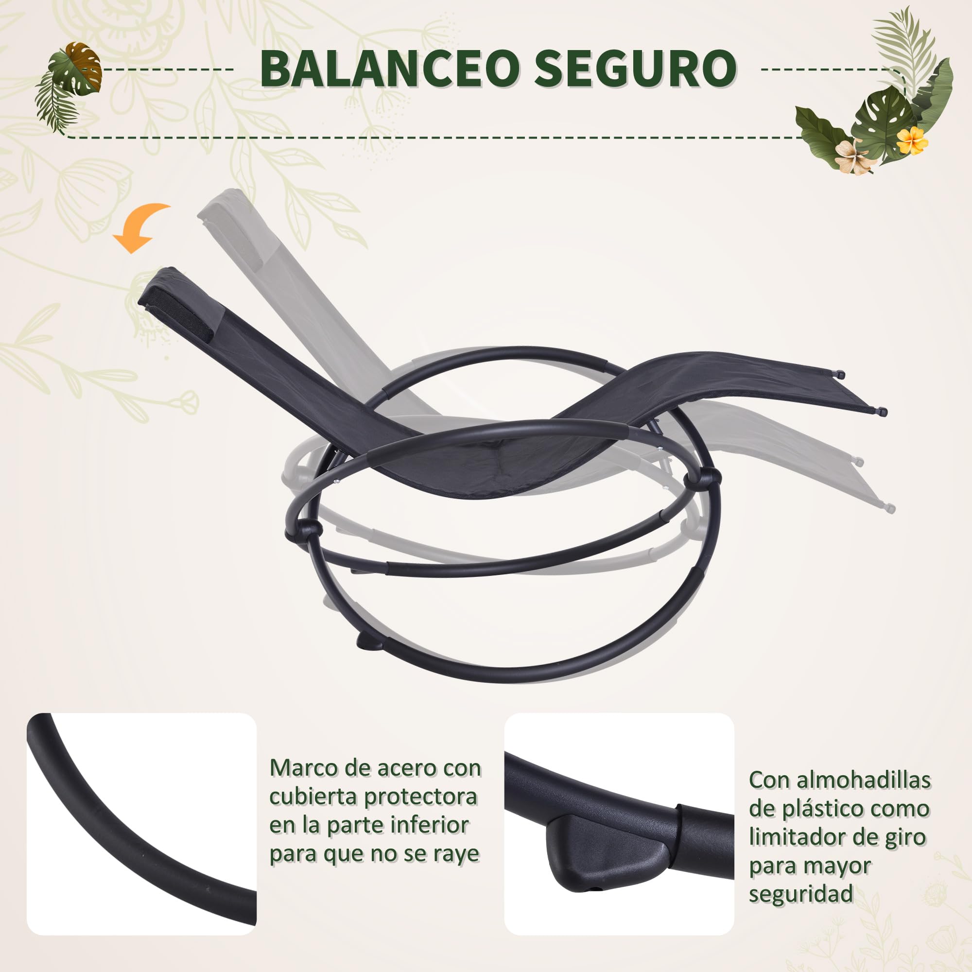 Outsunny Tumbona Mecedora de Jardín Plegable con Reposacabezas Extraíble Sillón Tumbona Ergonómica de Exterior Tela de Texteline para Patios Piscina al Aire Libre 154x80x84 cm Negro