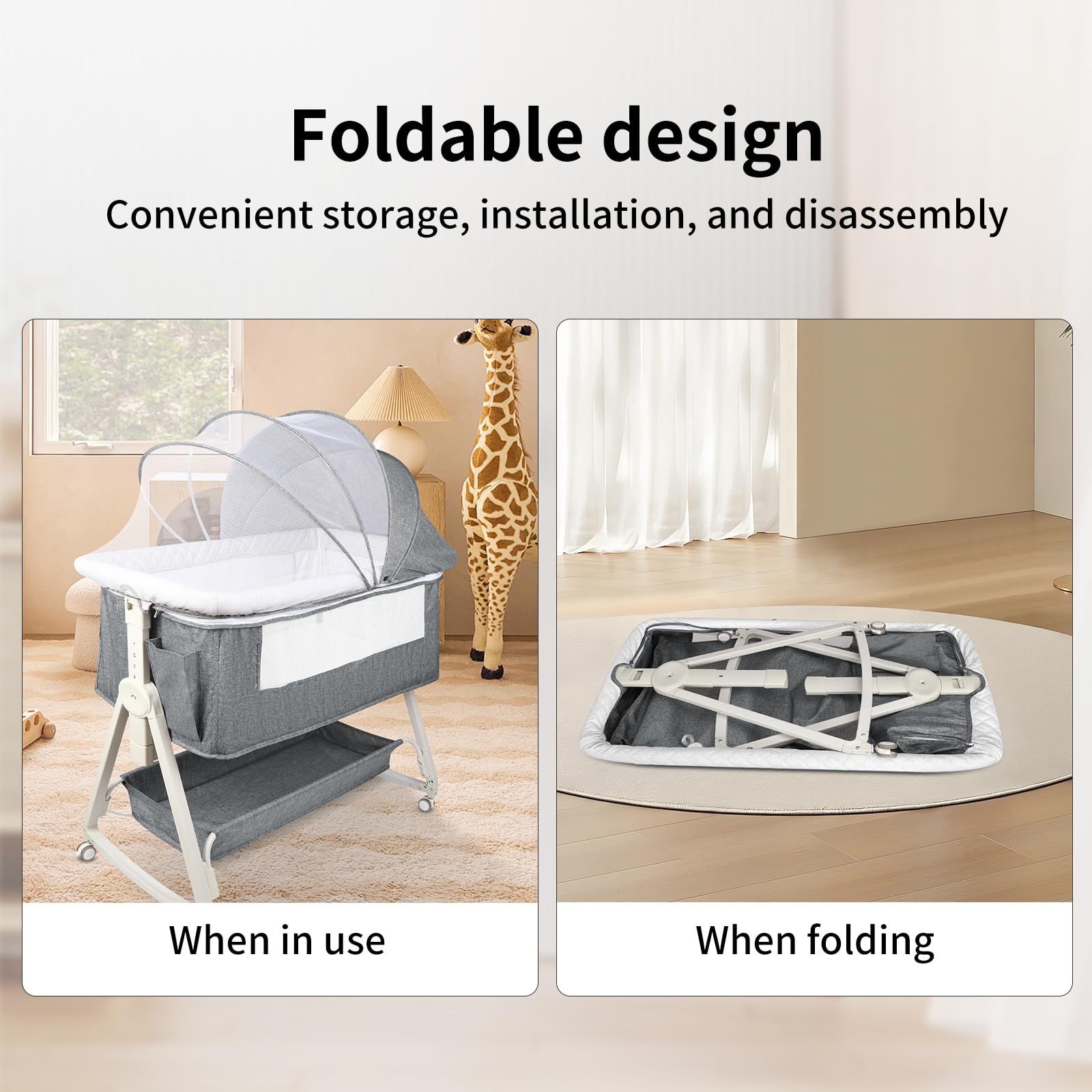 HUOLE 3 in 1 Berceau Cododo avec Matelas et Moustiquaire, lit bébé Portable avec roulettes, 92x52x106-118 cm Gris Lin