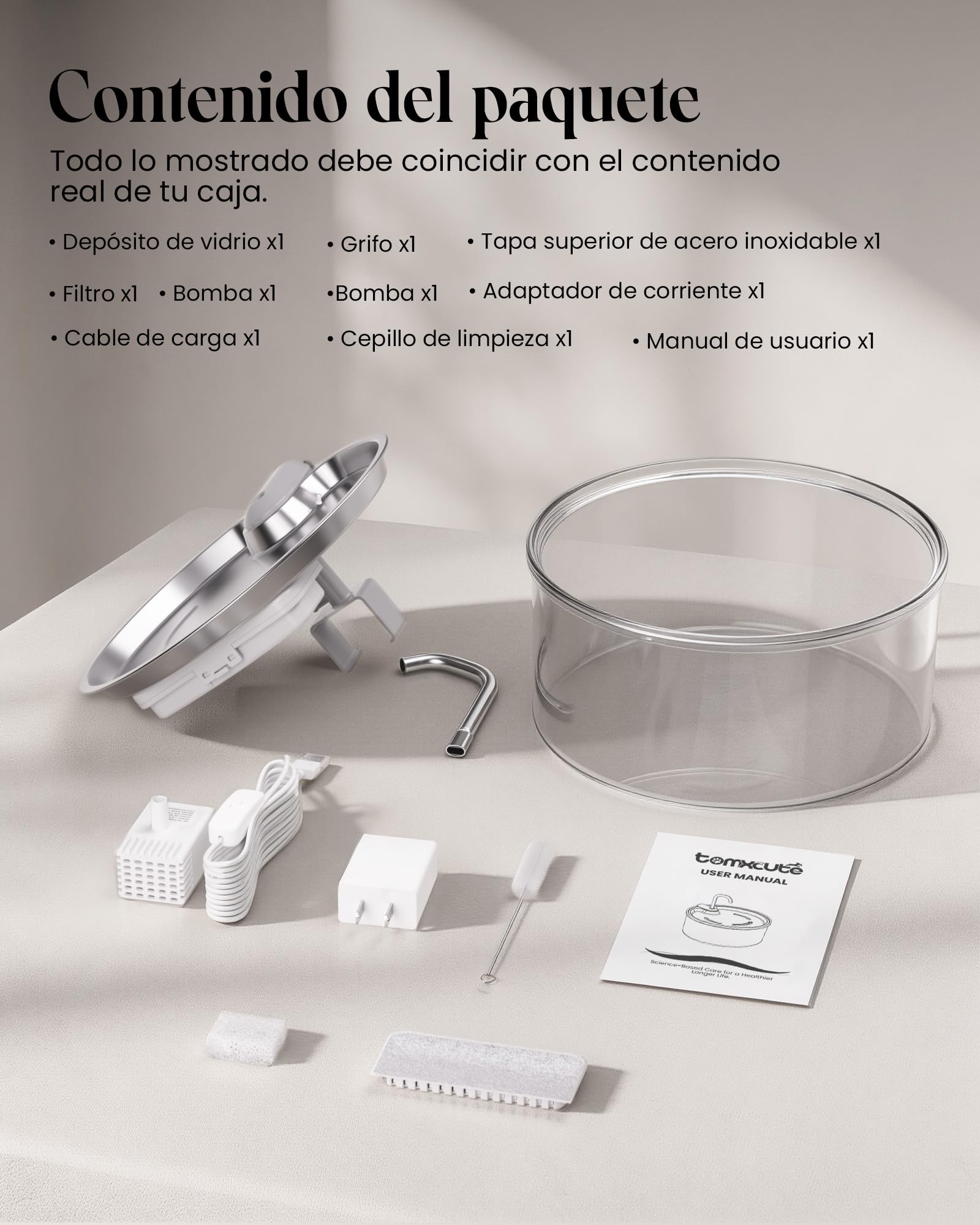 Tomxcute Fuente de Agua de Vidrio de 3,2 L para Gatos y Perros Pequeños | Nivel de agua visible, Súper Silencioso, diseño con grifo y mantenimiento sencillo