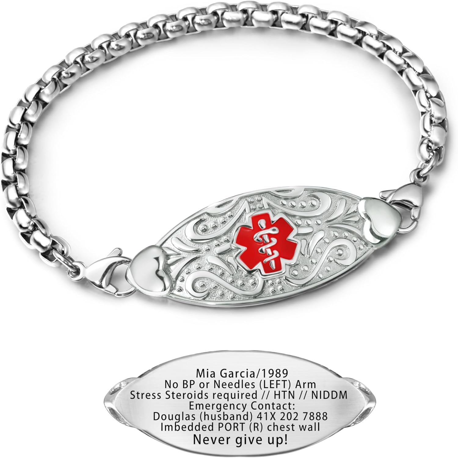 Custom Medical Alert Bracelet for Women with Free Engraving,Personalized Emergency Identification Bracelet Waterproof Diabetic Women's Medical Alert ID Bracelet,6.0 to 9.0 Inches