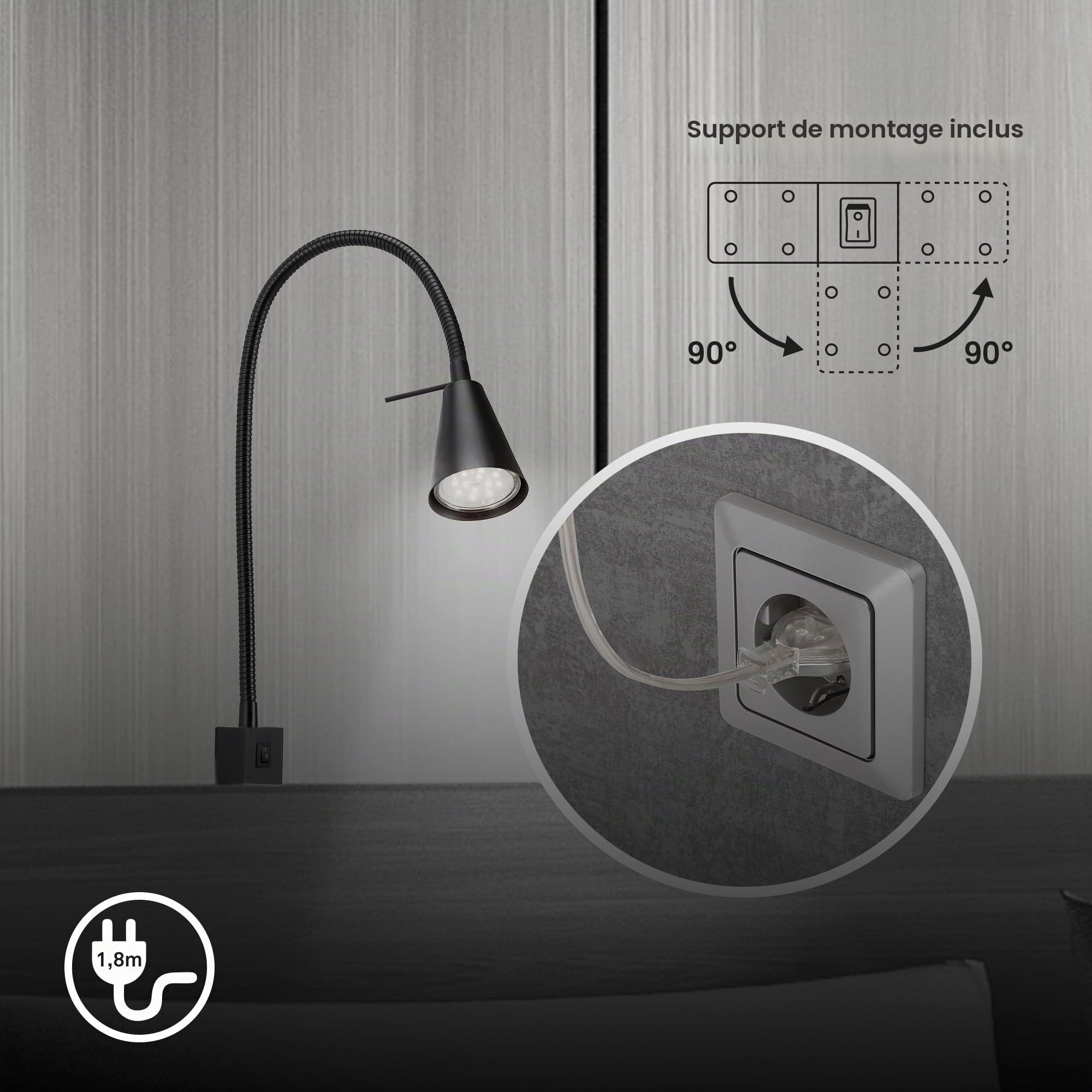 BRILONER - Lampe de Chevet LED, Lampe de Chevet avec Bras Flexible, Interrupteur Marche/Arrêt Inclus, 4 Watt. 400 Flux de lumières, 3.000 Kelvin, Noir
