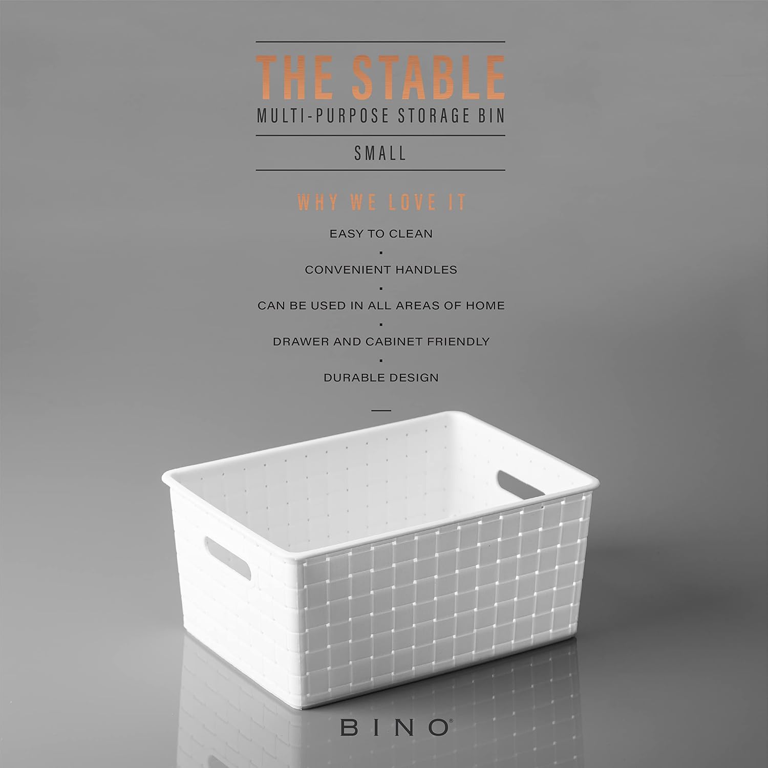BINO | Plastic Basket, Small - White | THE STABLE COLLECTION | Multi-Use Storage Basket | Rectangular Cabinet Organizer | Baskets for Organizing with Handles | Home & Office Organization and Storage