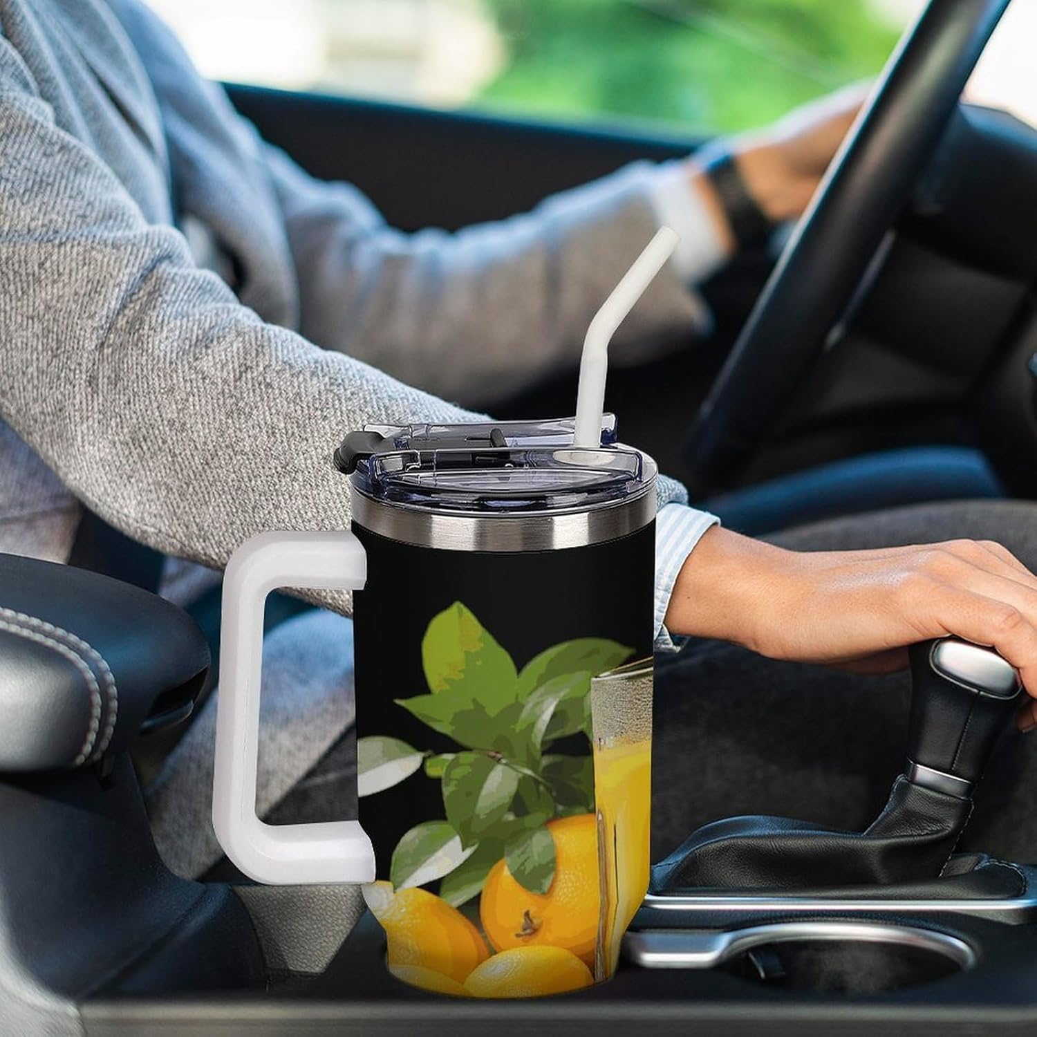 40 Oz Insulated Mug with Handle, Stainless Steel Oranges Orange Juice Printed Travel Mug Portable Leak-proof Large Car Mug for Home, Office Or Car