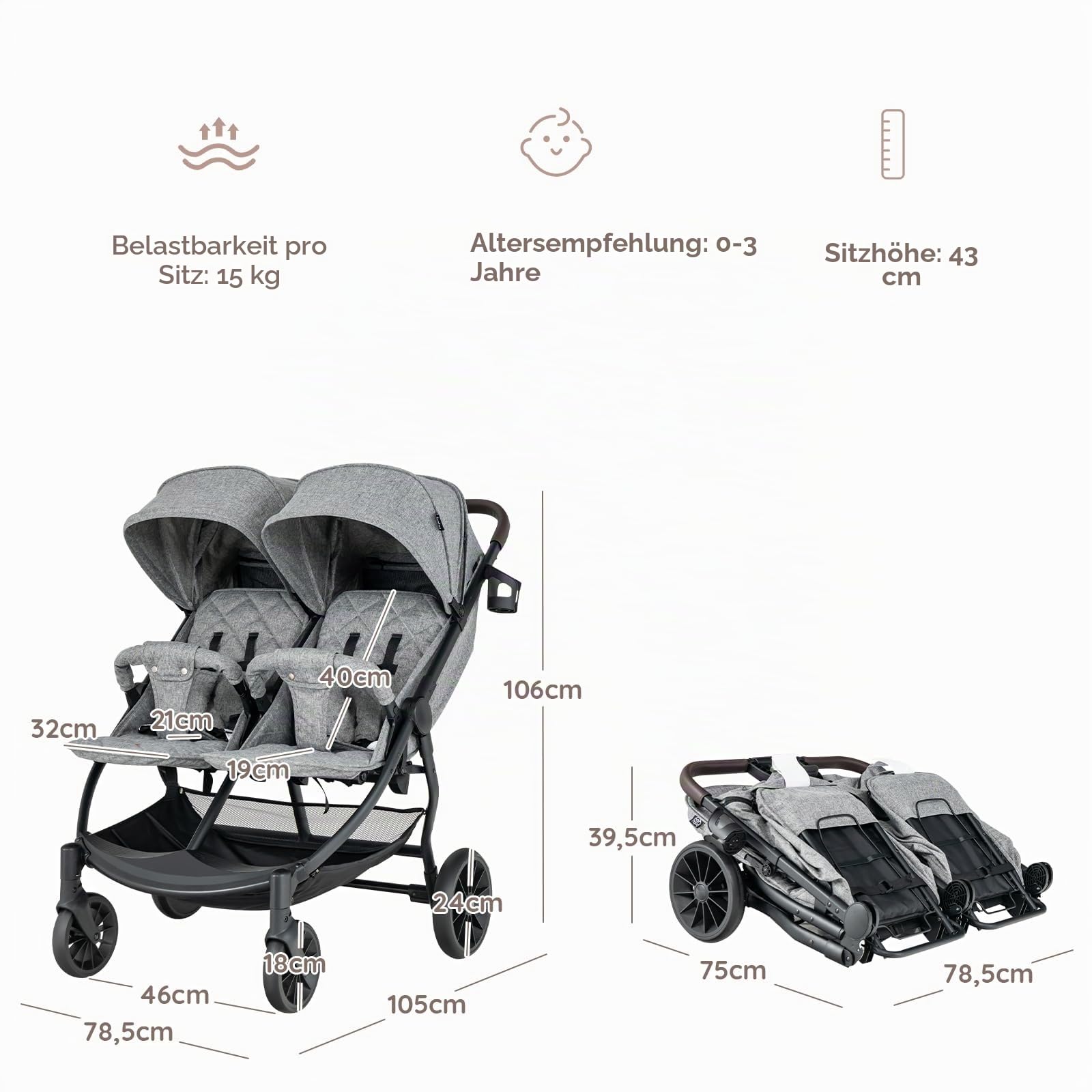 LIFEZEAL Doppelkinderwagen nebeneinander, faltbarer Zwillingsbuggy mit Korb, Rückenlehne 3 Positionen, Belastung 15+15 kg, Hellgrau