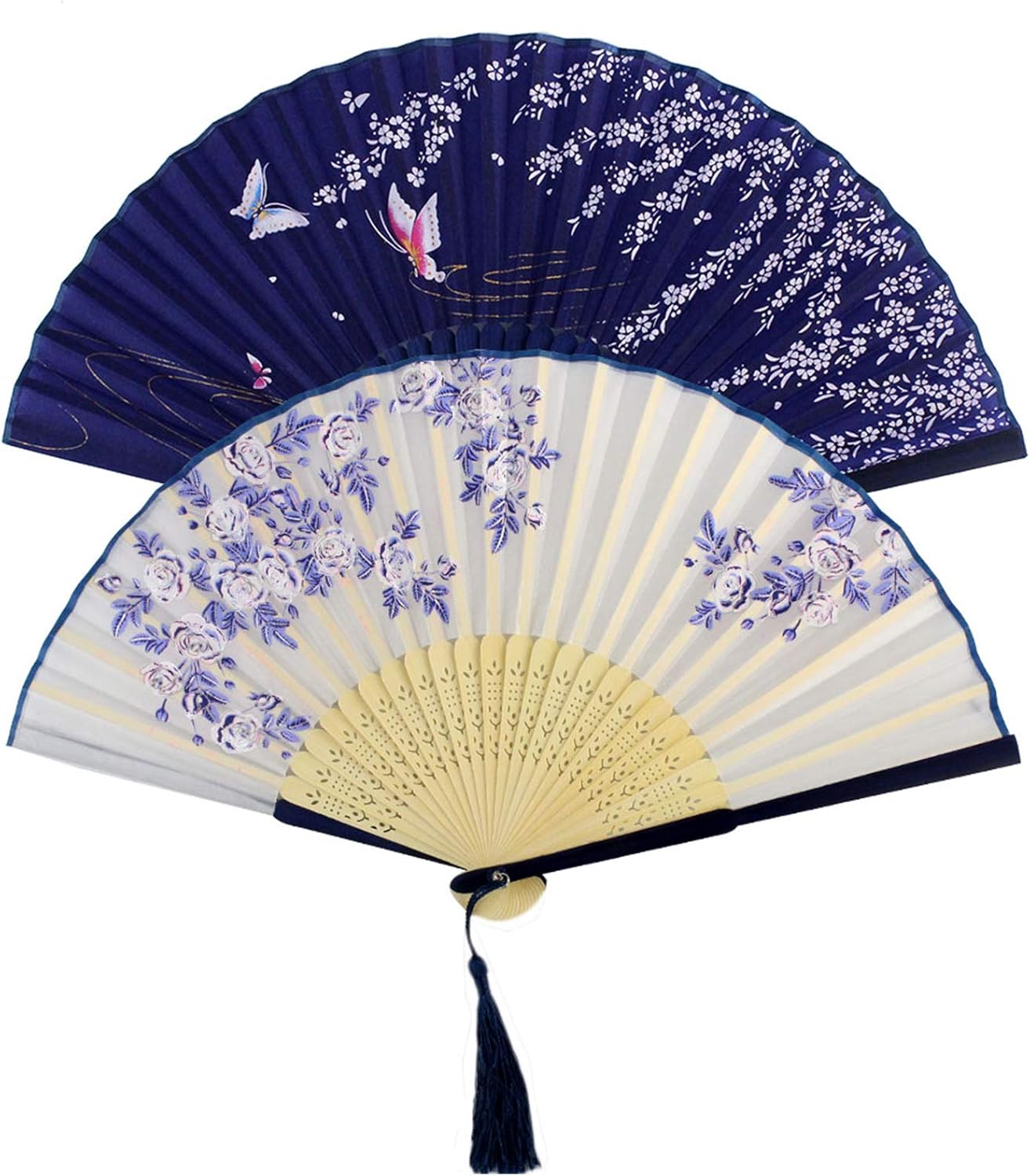 Bantoye 2 Pieces Handheld Fans, Silk Folding Fans with Bamboo Frames for Dancing Cosplay Wedding Party Props Decoration, White Blue