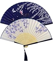 Vista 5 de Bantoye 2 Pieces Handheld Fans, Silk Folding Fans with Bamboo Frames for Dancing Cosplay Wedding Party Props Decoration, White Blue