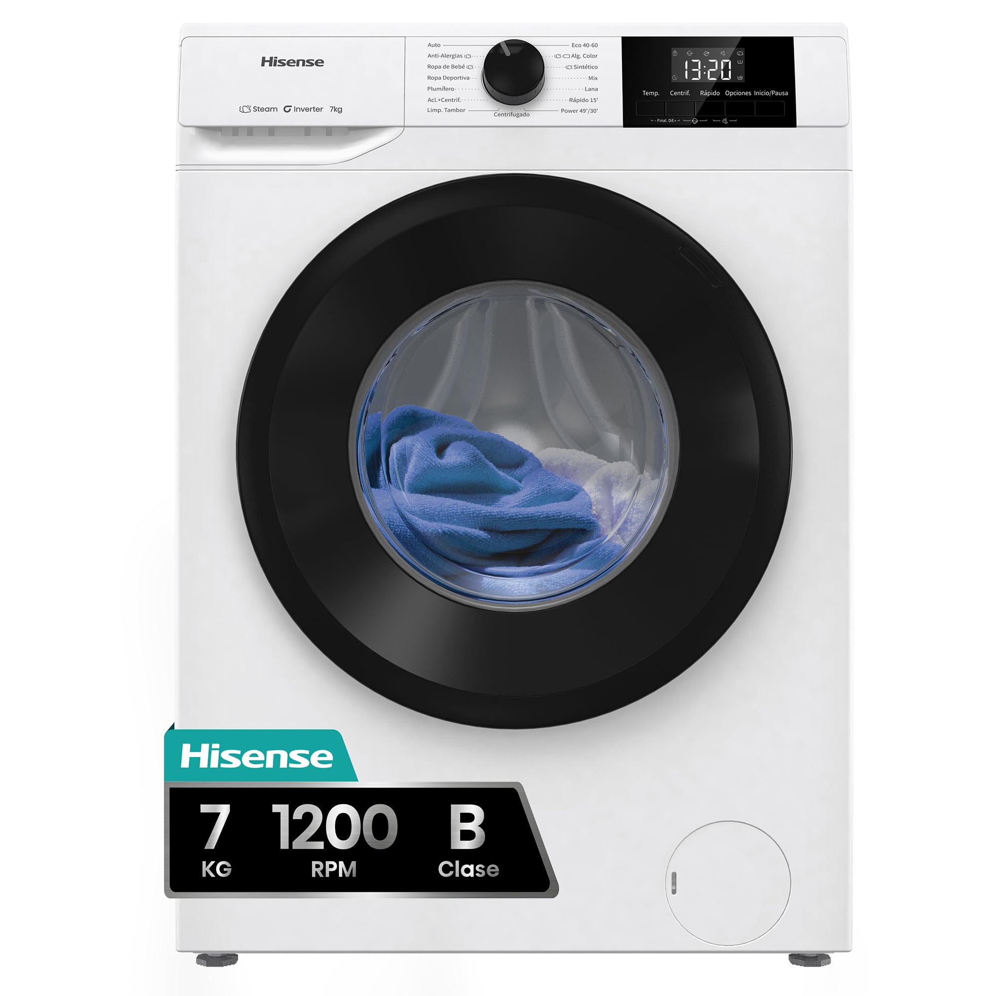 Hisense WF1G7021BW - Lavadora, Clase B, 7 Kg, 1200 rpm, Alto 84.5cm x Ancho 59.5 cm, Color Blanco, Función Vapor 99.9%, Lavado Rápido, Pausar y Añadir, Finalización Diferida, Limpieza de Tambor Etiqueta Energética
