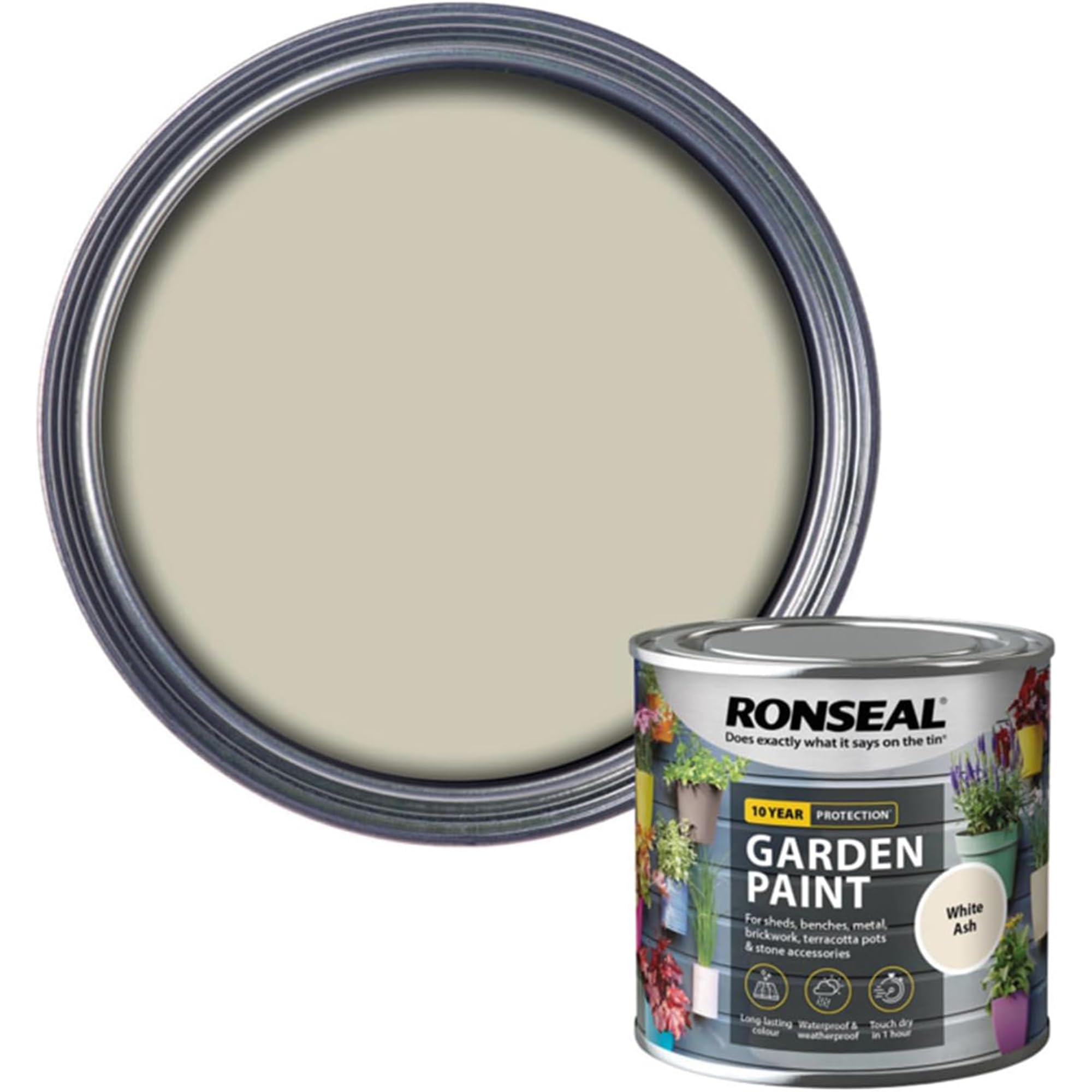 AOC24 Garden Fence Paint 250ml – Multi-Surface Exterior Paint for Wood, Brick, Metal, Stone & Terracotta – Waterproof, Resists Fading, Matt Finish for Sheds, Fences, Garden Furniture Paint White Ash