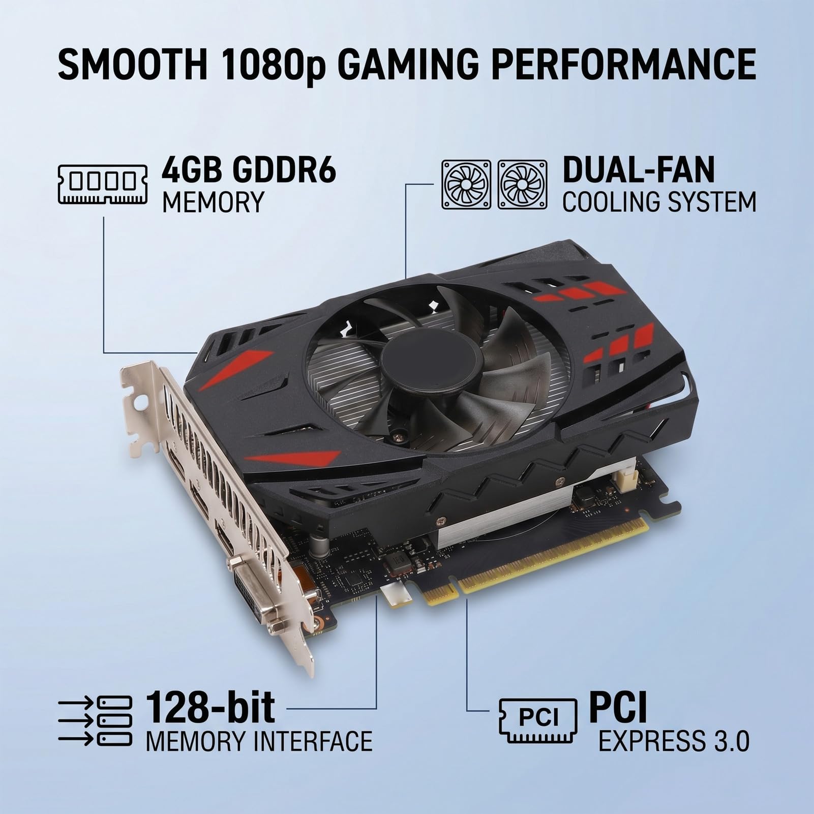 Jectse Scheda Grafica, GPU da Gioco GDDR6 da 4 GB a 128 Bit con PCI Express 3.0 X16, Supporto 1080p 1440p, Raffreddamento a Ventola Singola per Giochi per Computer