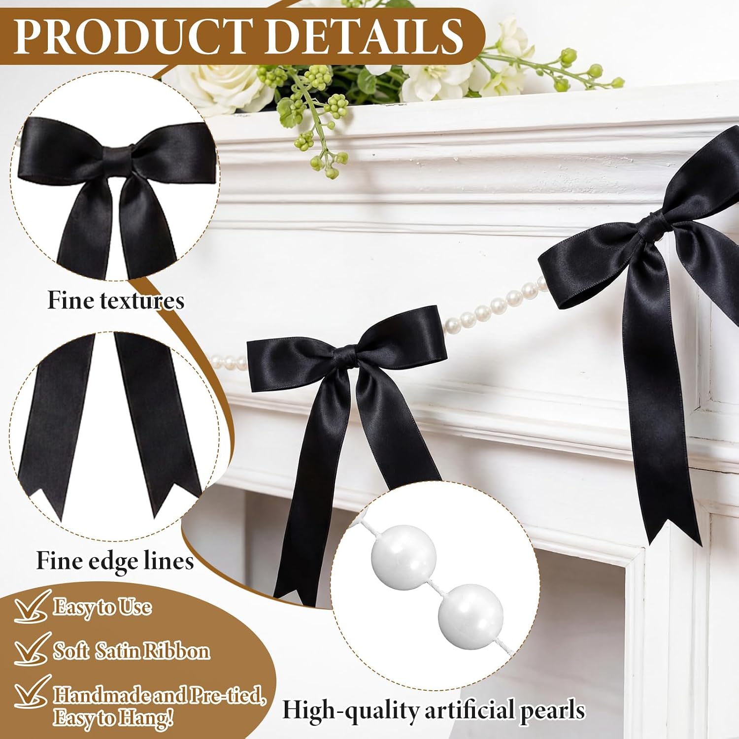 Riceshoot 2 Pack Black Bow Garland Banner with Pearl Chain, 6 ft Pre Strung Satin Ribbon Bow Decor for Coquette Birthday, Baby Shower, Bridal Shower, Bachelorette, Wedding, Engagement, Graduation