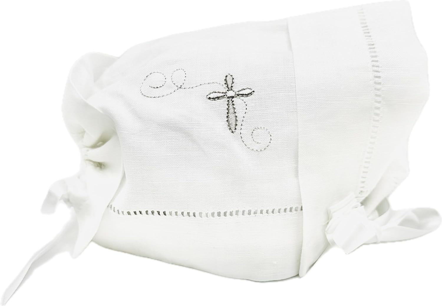 Integrity Designs Baby Linen Keepsake Cross Embroidered Handkerchief Christening/Baptism Bonnet and Gift Card with Envelope