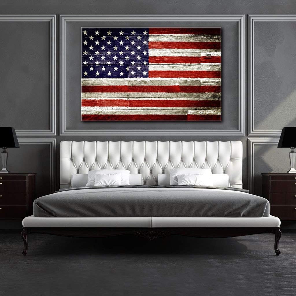 Urttiiyy Vintage American Flag Wall Art US USA Stars Stripes on Wooden Background Canvas Print Home Decor Pictures for Living Room Bedroom Bathroom Painting Poster Framed Ready to Hang