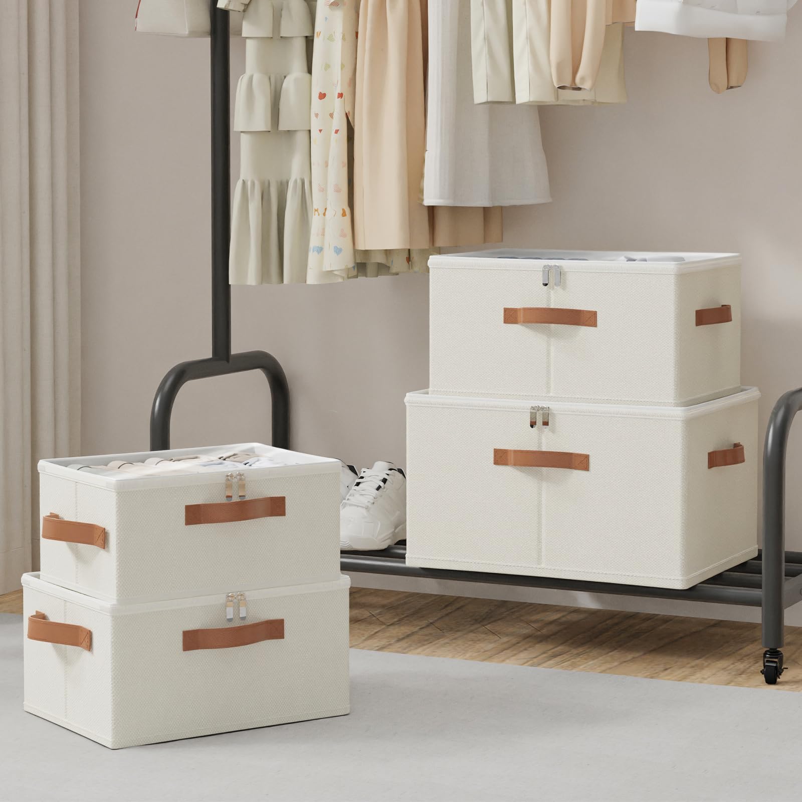 OUTBROS 2 Set Scatole Portaoggetti, Scatole Pieghevole, 50x40x30 cm, Beige | Scatole armadio in tessuto con coperchio per vestiti, Cassettiera per armadio interno con maniglie