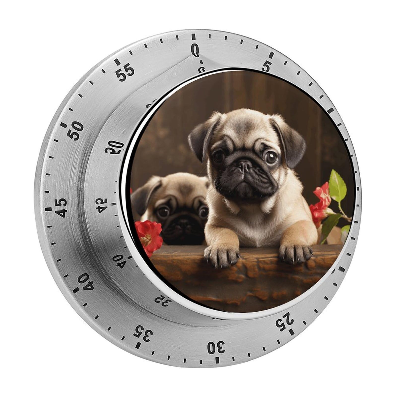 Puppys Pug Kitchen Timer Chef Cooking Timers Clock with Loud Alarm Exquisite Stainless Steel Mechanical Desk Timers Magnetic Backing 60 Minute Visual Timer for Work