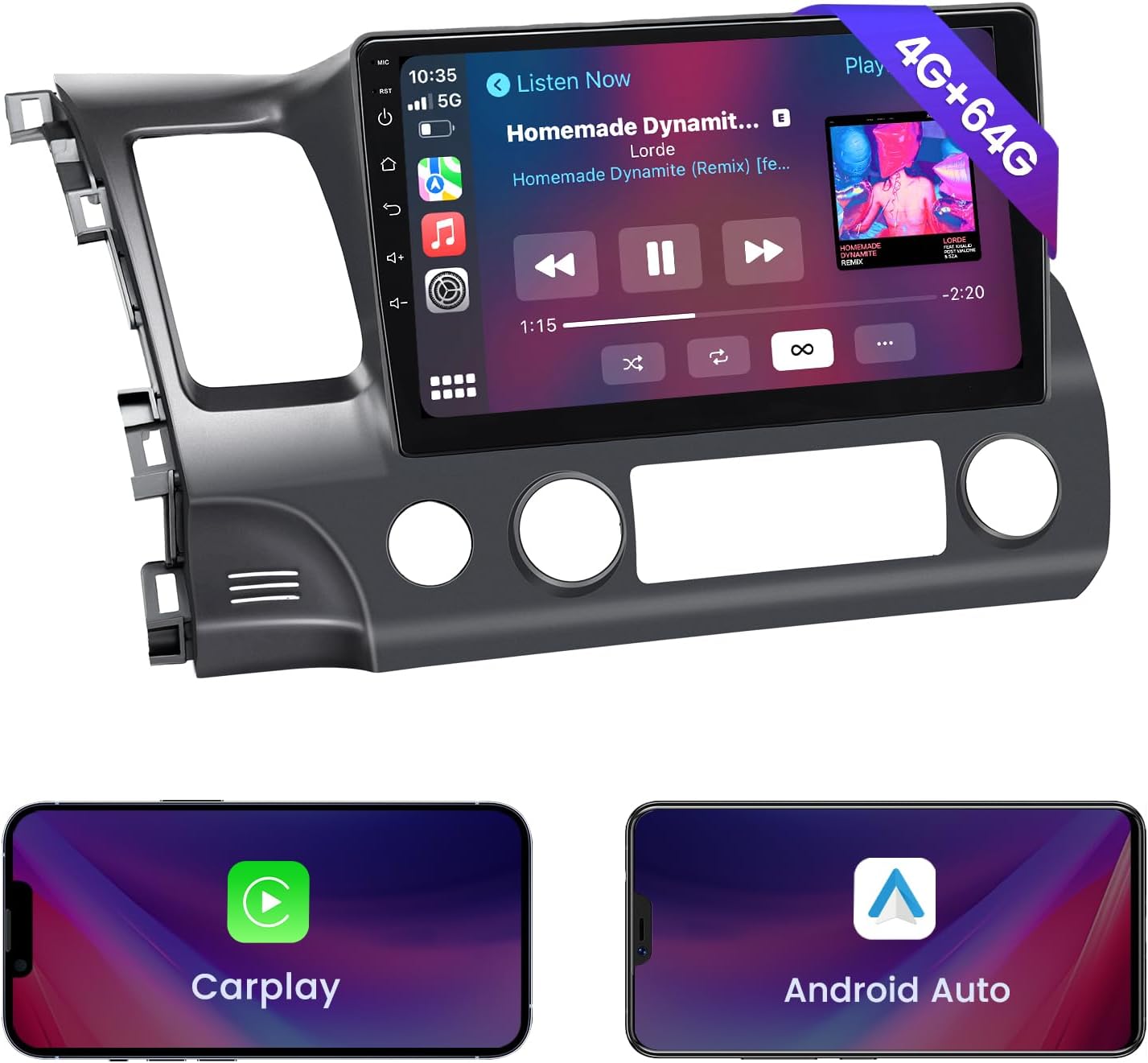 Roadanvi Android Car Radio main interface showing music playback and app icons