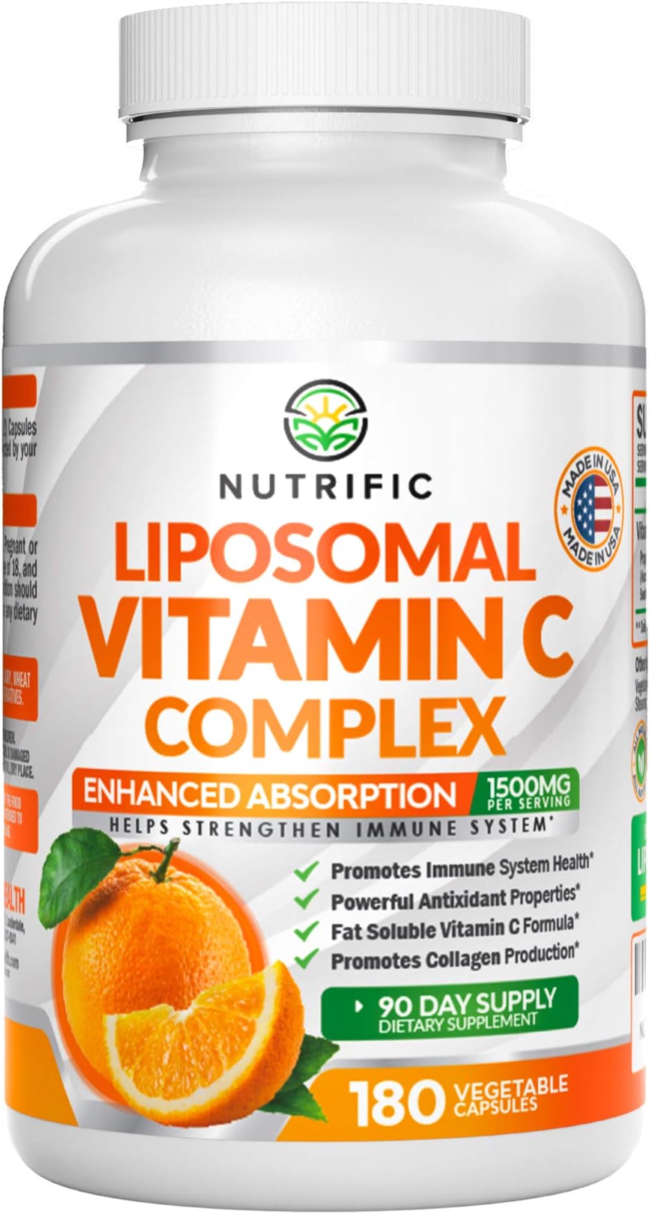 NUTRIFIC Liposomal Vitamin C Complex | High Dose Supplement for Healthy Heart, Brain, & Immune System - Potent, High Absorption 1500mg - Gluten Free - 180 Vegan Capsules for Adult Men and Women