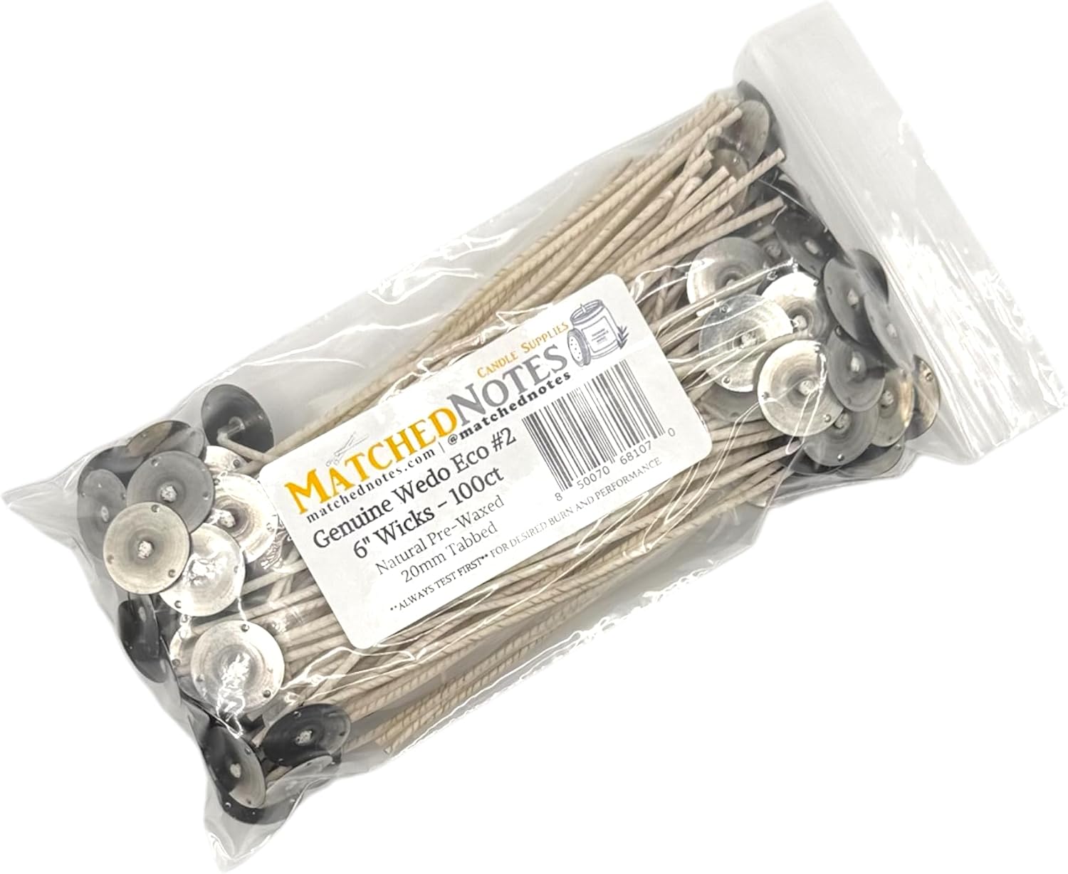 100ct Eco 8 Candle Wicks - 6" Length - 20mm Wick Tab - Natural Wax Coating - Top Selling Wick