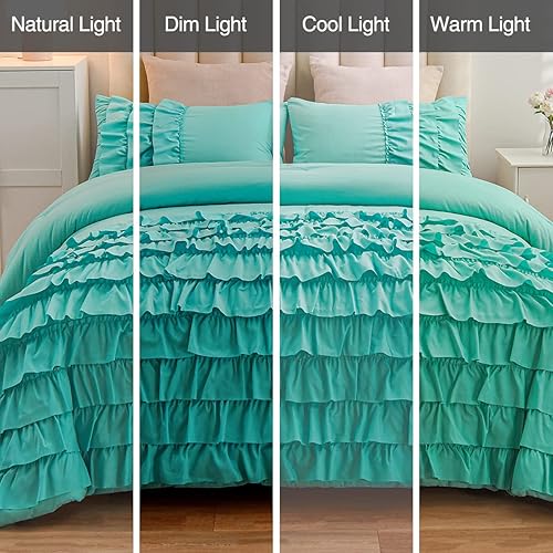 Miniatura 8 de Holawakaka Aqua Waterfall - Juego de edredón con volantes, tamaño individual, multicapas, con volantes, estilo shabby chic, juego de ropa de cama de