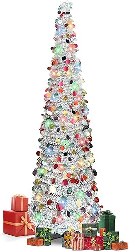 Miniatura 9 de Árboles de Navidad de 5 pies con 90 luces coloridas, árbol de Navidad plegable de lentejuelas artificiales, árbol de Navidad de oropel alto y Árbol